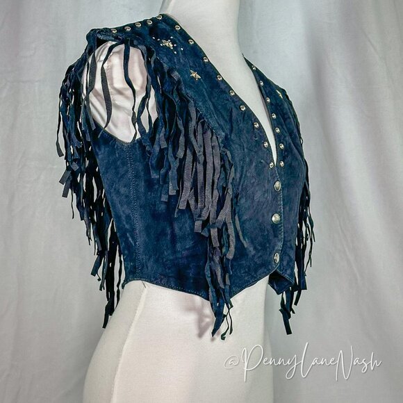 Vintage West Wind Fringe Studded Cropped Vest Black - Picture 3 of 7